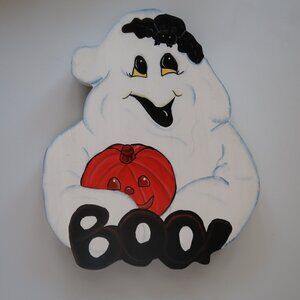 VTG Hand Painted Halloween Decor Cute Hanging Wood Ghost